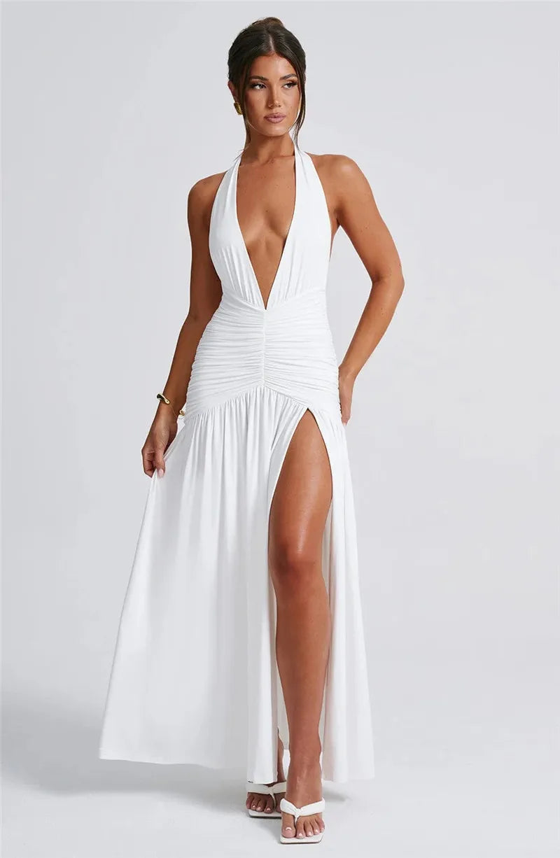 Open Back Solid Thigh High Split Party Dress