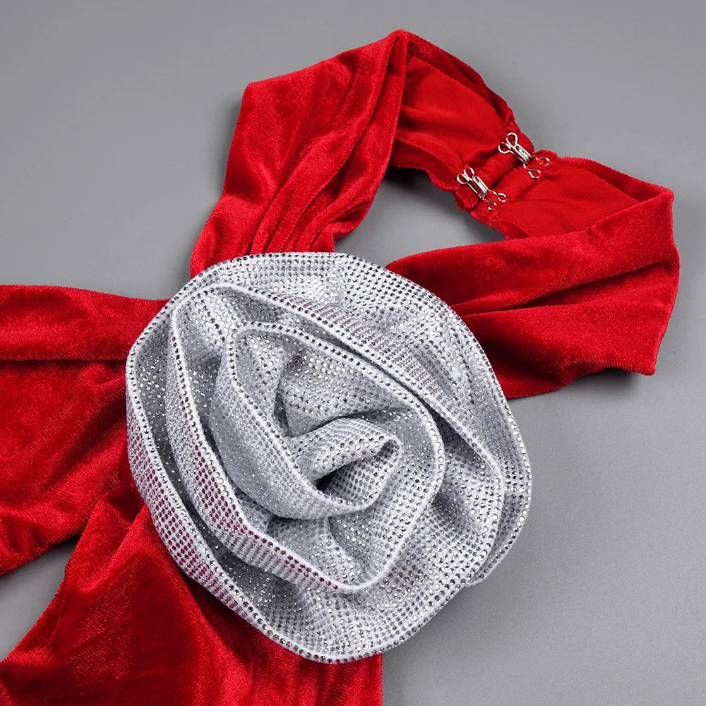Red Velvet 3D Flower Evening Maxi Dress
