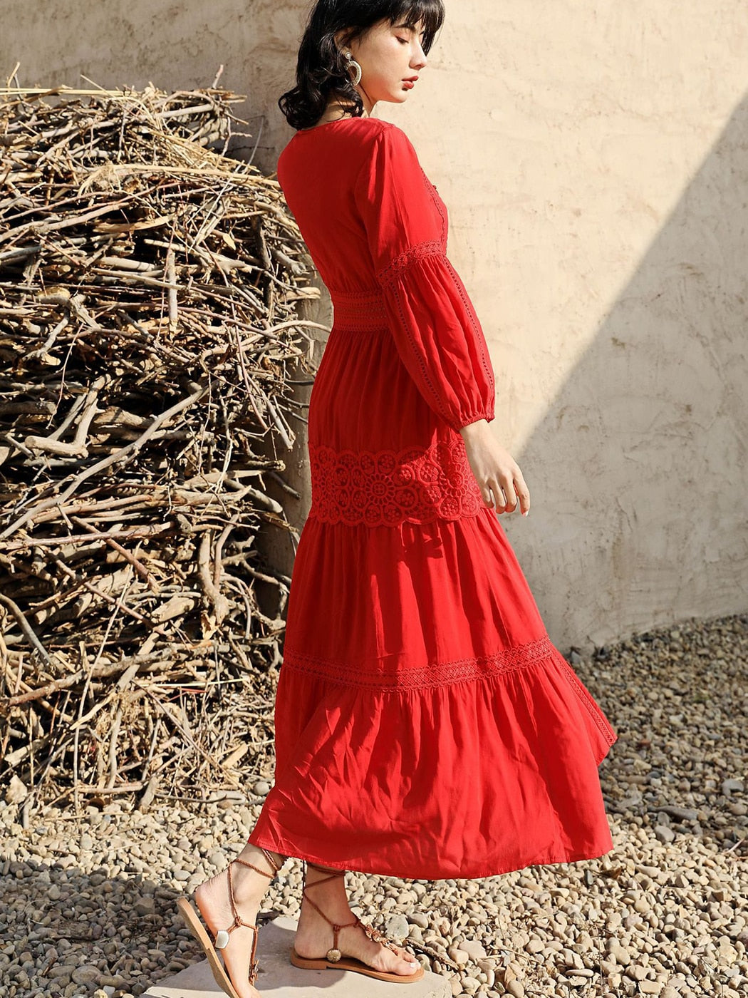 Cotton Patchwork Lace Lantern Sleeve Maxi Dress