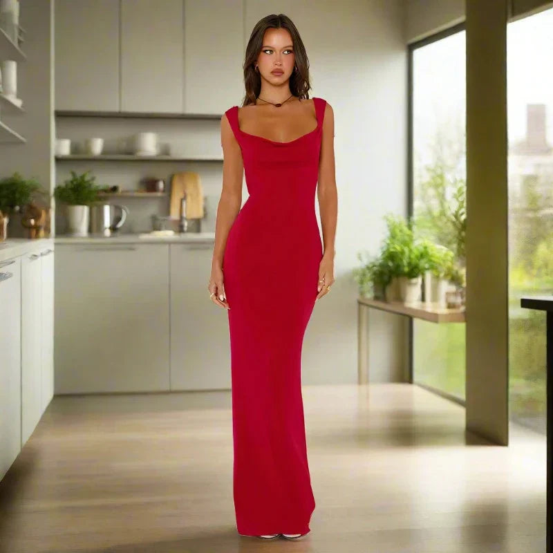 Bow Open Back Cowl Neck Long Party Dress