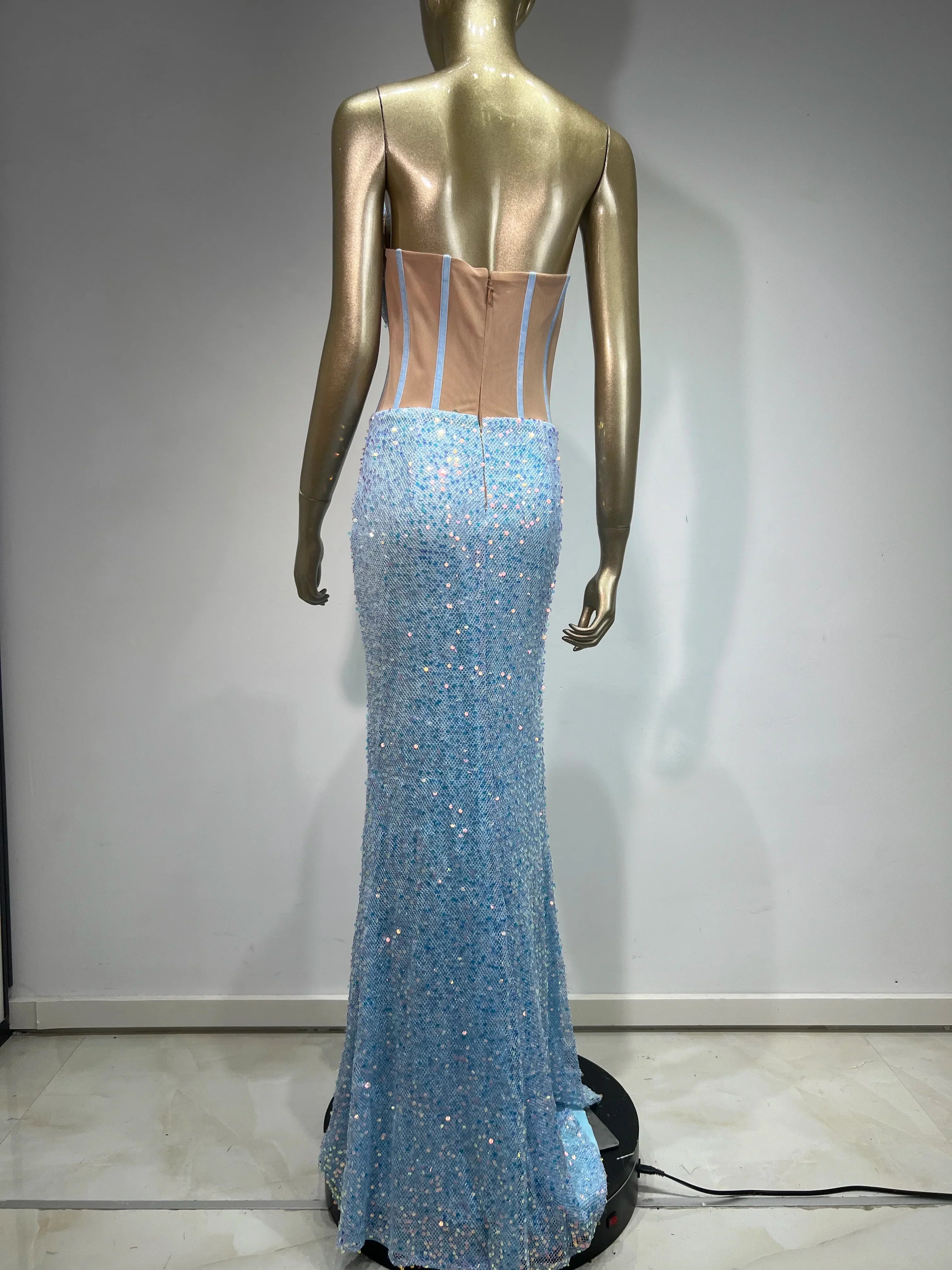 Strapless Mesh Sequin Ruffles Maxi Party Dress