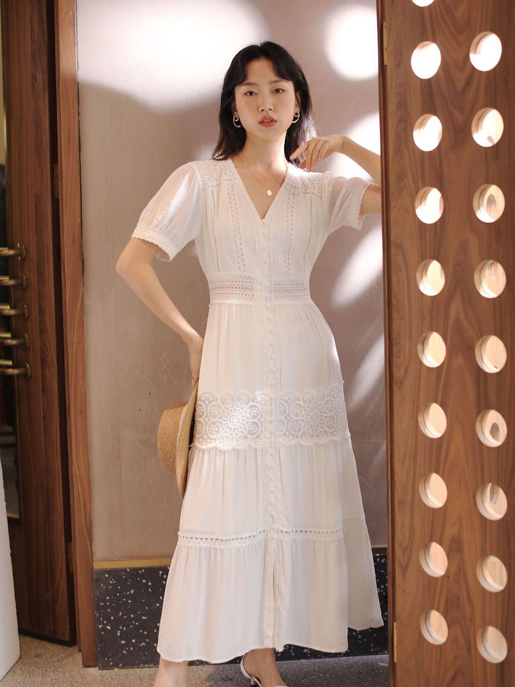 Cotton Patchwork Lace Lantern Sleeve Maxi Dress