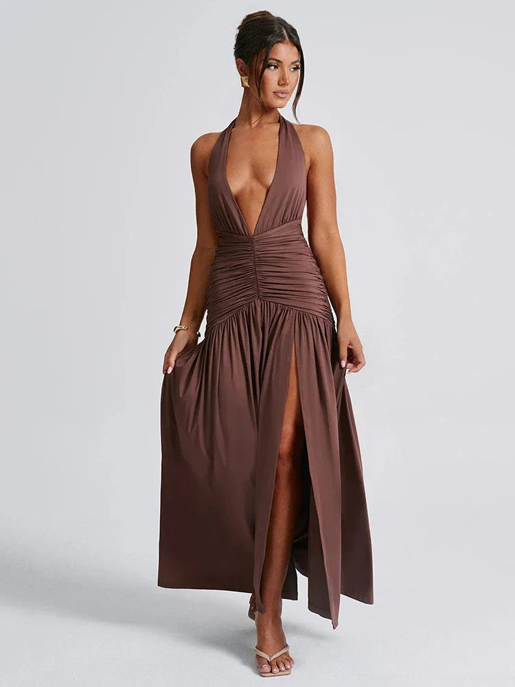 Open Back Solid Thigh High Split Party Dress