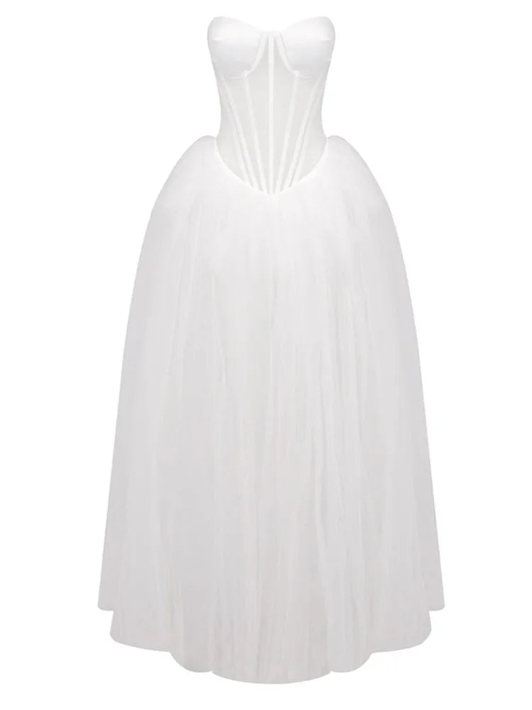Strapless Mesh White A-Line Maxi Party Dress