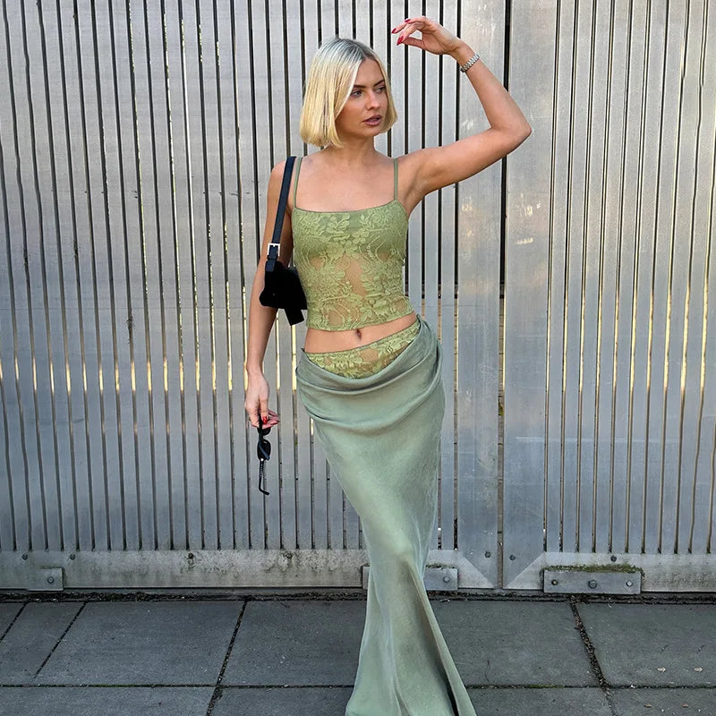 Printed Spaghetti Strap Maxi Skirt Set