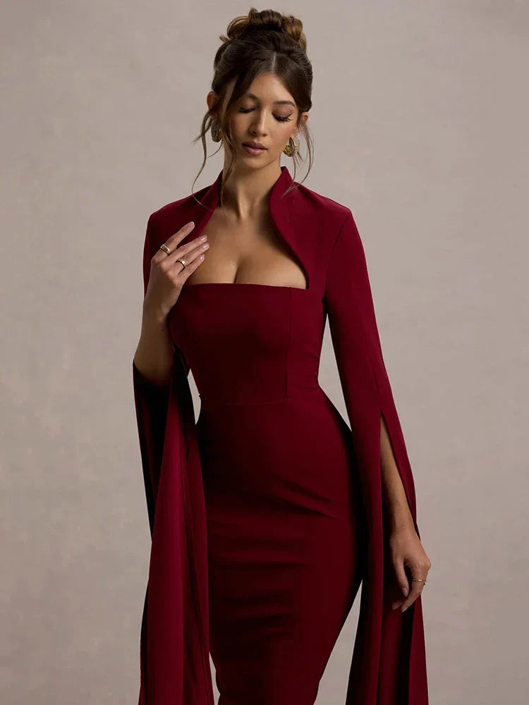 Cape Sleeve Square Neck Elegant Midi Dress
