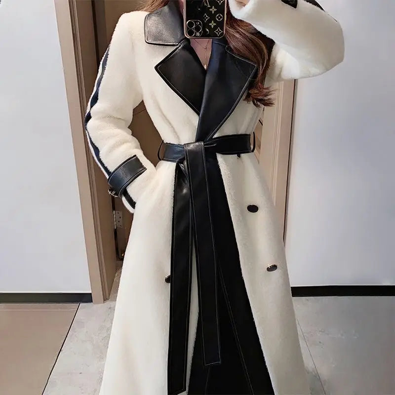 Contrast Patchwork Overcoat with Belt Party Dress