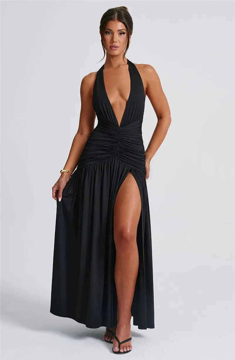 Open Back Solid Thigh High Split Party Dress