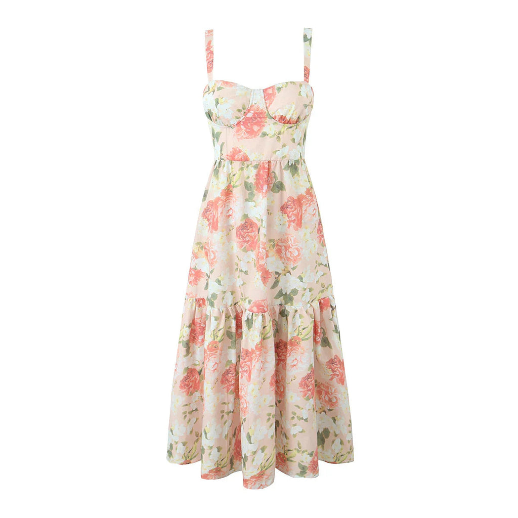 Floral Corset Ruffled Bra Top Midi Dress