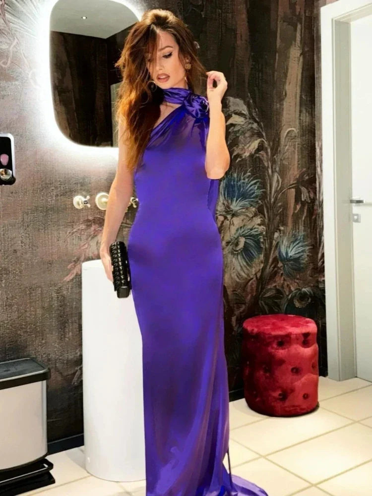 Purple Satin Halter Neck 3D Flower Maxi Dress