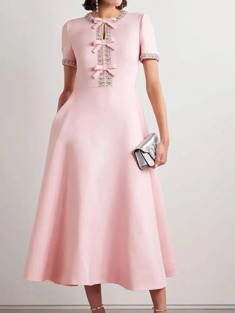 Diamond Bowknot Short Sleeve Midi Dress