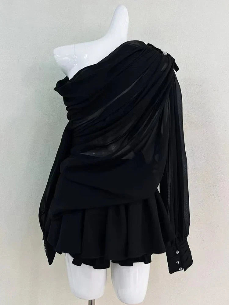 Skew Collar Lantern Sleeve Bowknot Suit Mini Dress