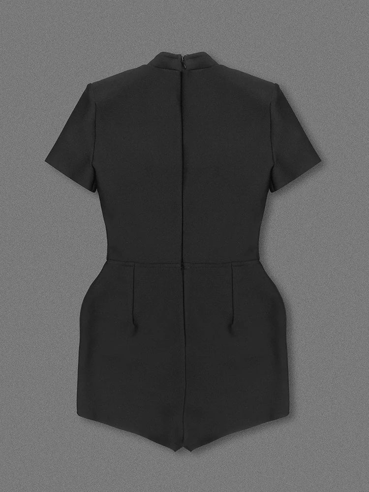 Short Sleeve Gold Button Black Jumpsuit Party Dress