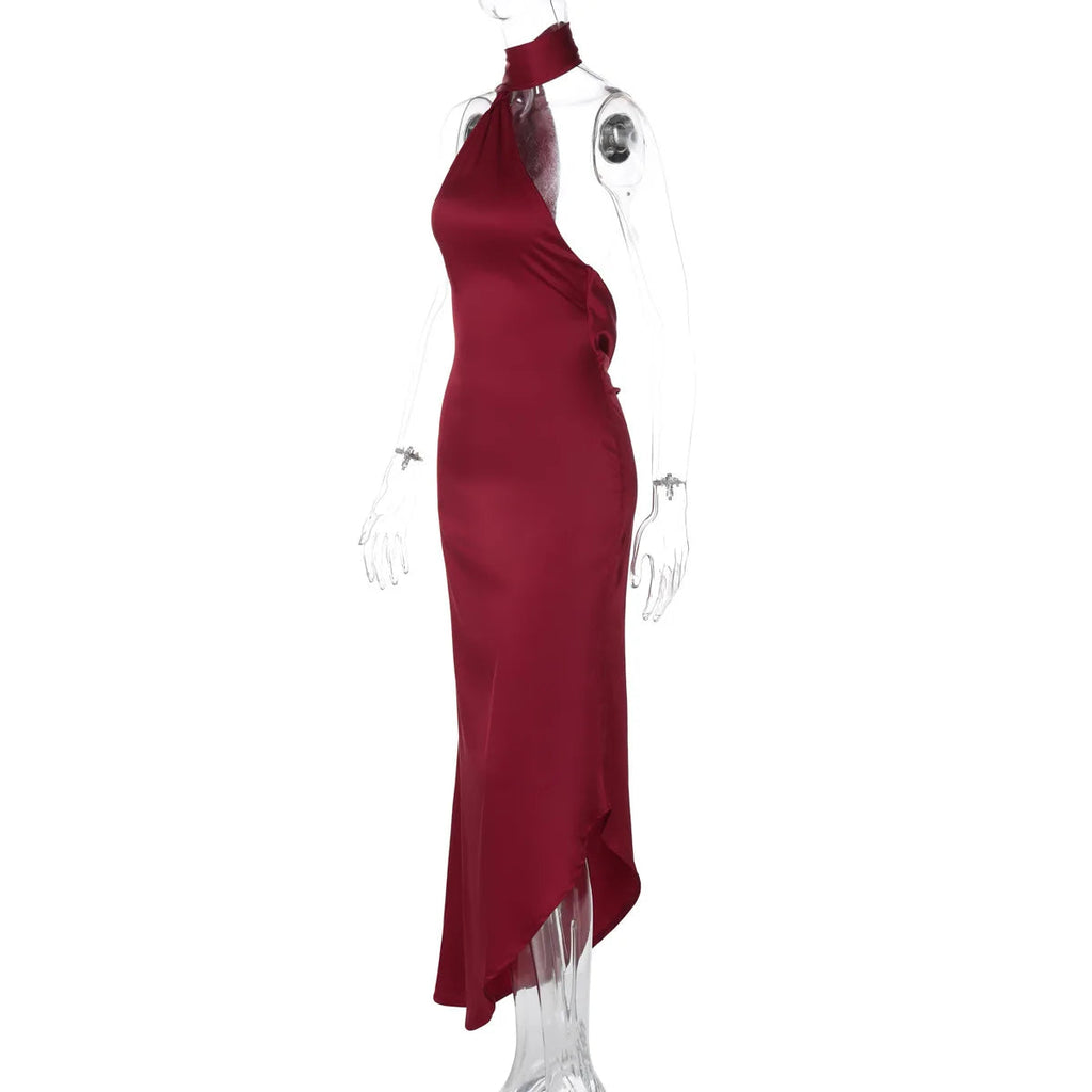 Satin Backless Halter Ribbon Black Maxi Dress