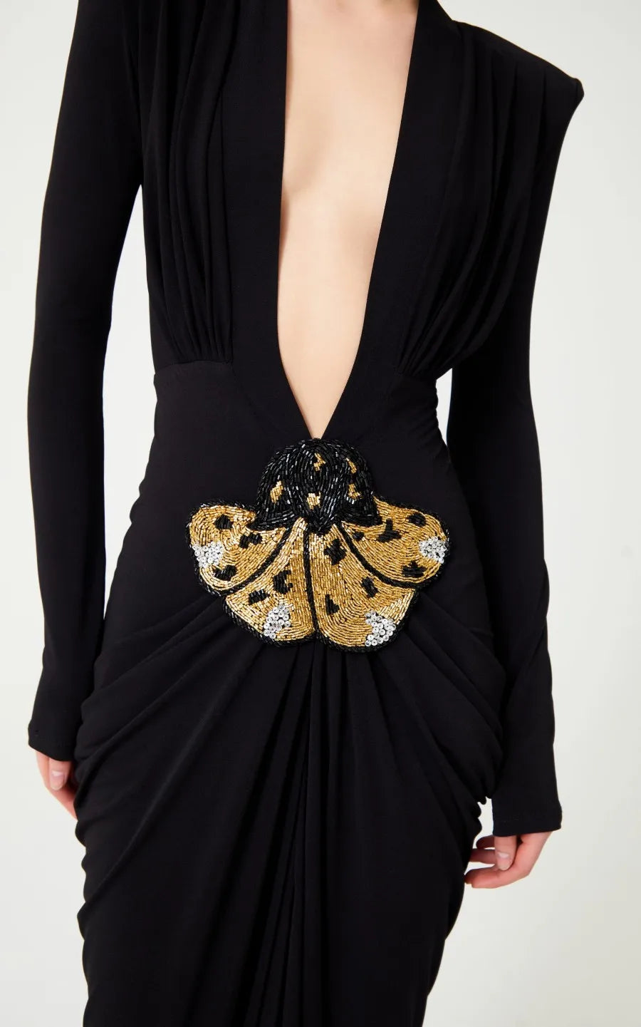 Deep V Neck Long Sleeve Black Party Maxi Dress