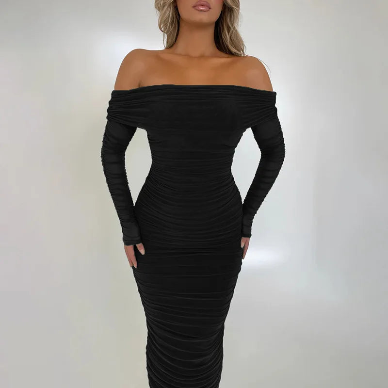 Off Shoulder Slash Neck Solid Maxi Dress