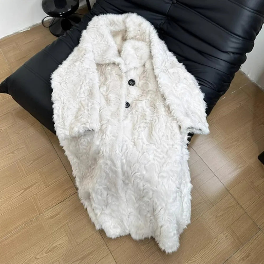 Large Lapel Shaggy Faux Fur Long Party Dress