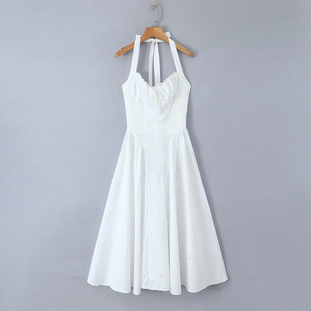 Corset Bow Halter Lace Spliced Midi Dress