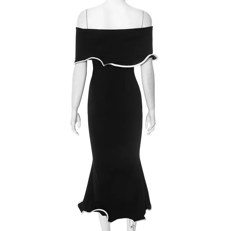 Strapless Ruffled Black Party Midi Dress
