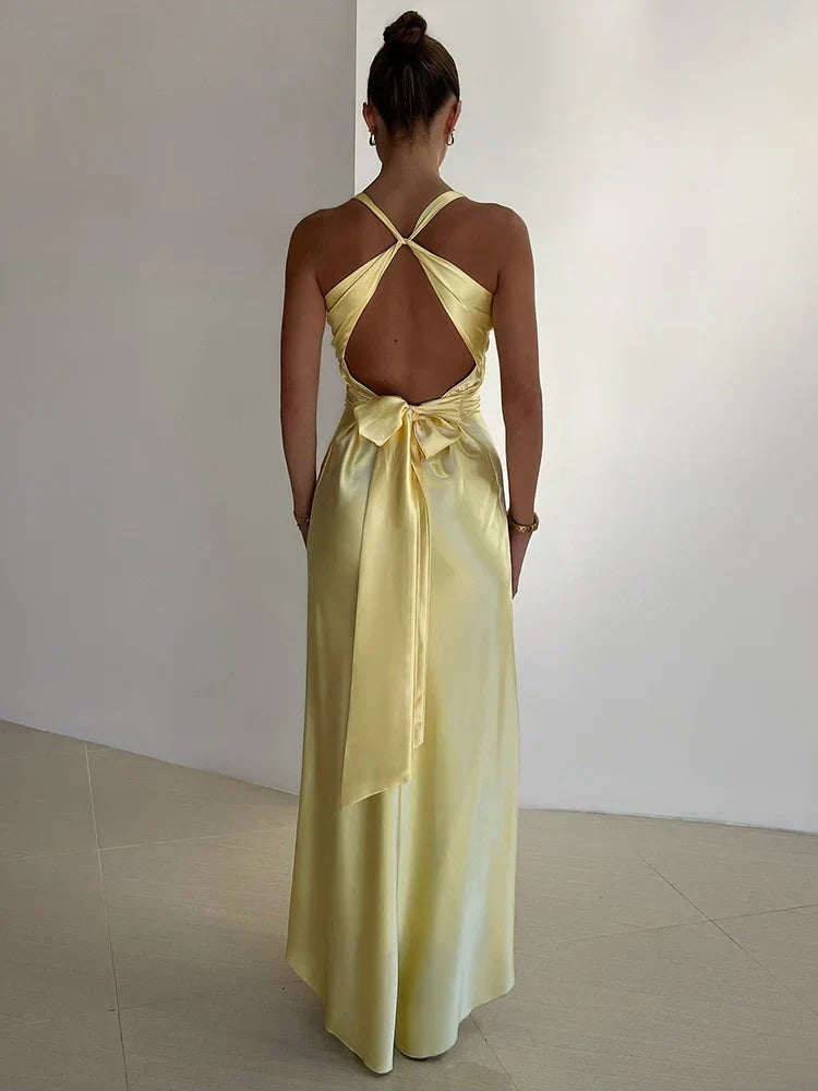 V-Neck Sleeveless Satin Bow Backless Maxi Dress