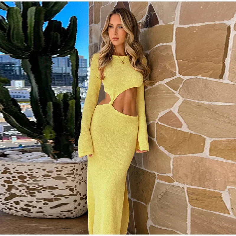 Knitted Hollow O Neck Slit Maxi Dress