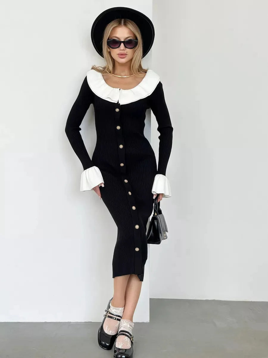 Patchwork Contrast Ribbed Casual Midi Dress