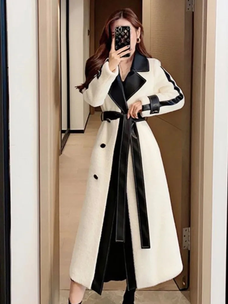 Contrast Patchwork Overcoat with Belt Party Dress