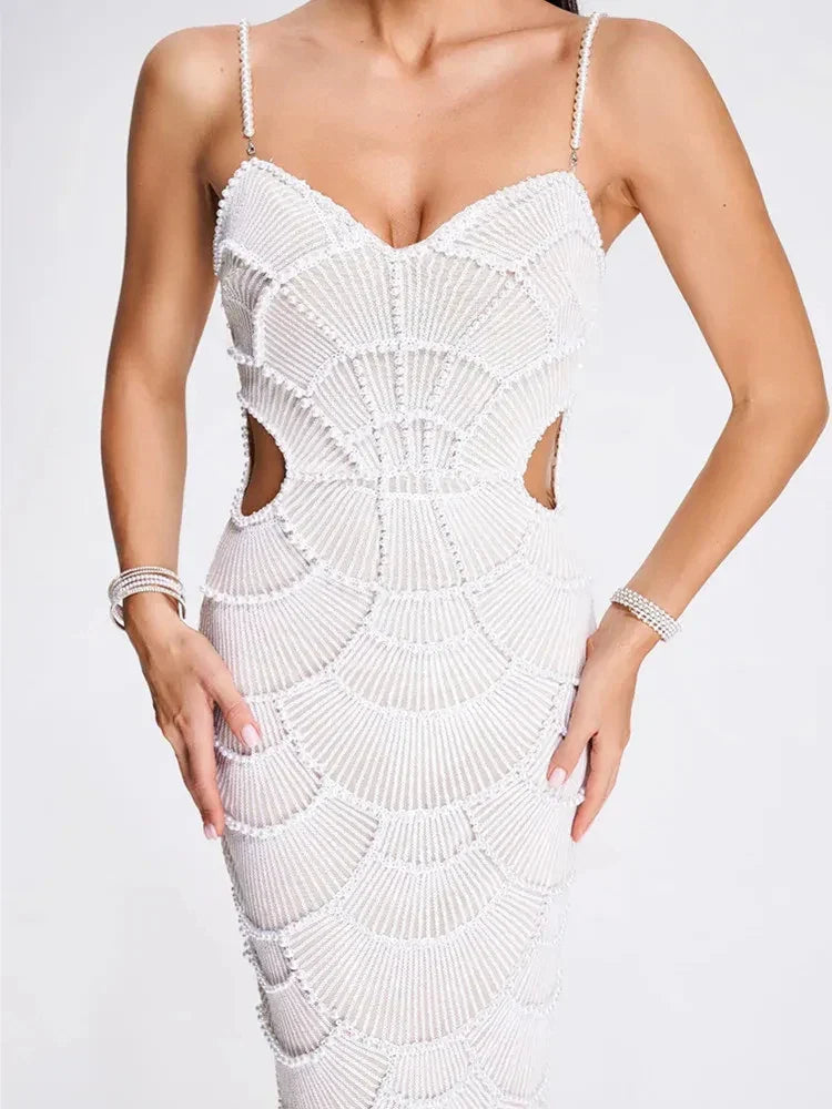 V-Neck White Pearl Beading Maxi Dress