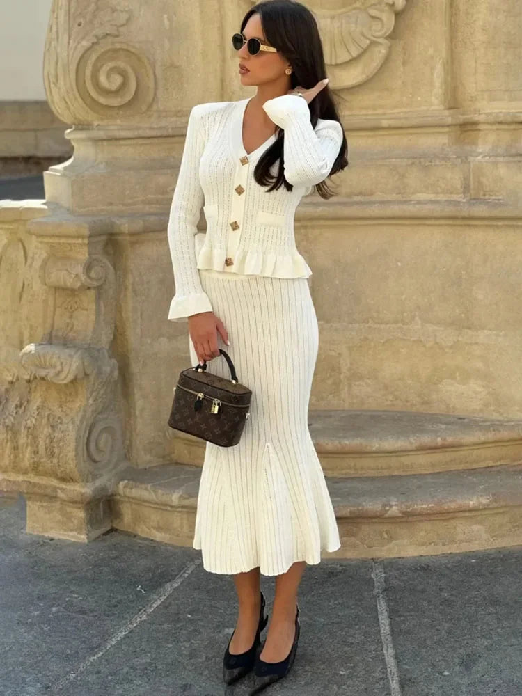 Ruffle Knit Long Sleeve Mermaid Midi Dress