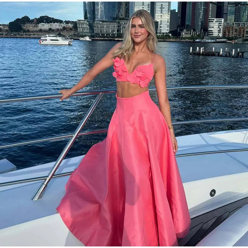3D Flower Sling Crop Top A-Line Skirt Party Dress