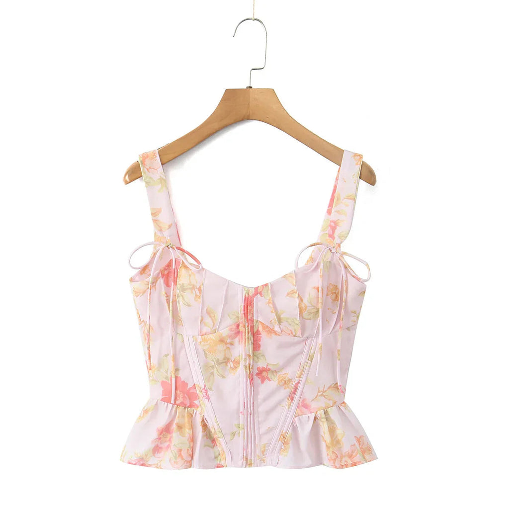 Ribbon Bow Strap Ruffle Hem Top Party Dress