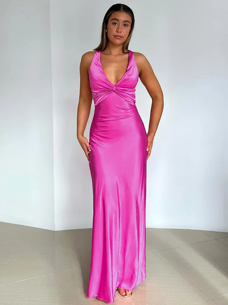 Satin V-Neck Bow Back Strappy Maxi Dress