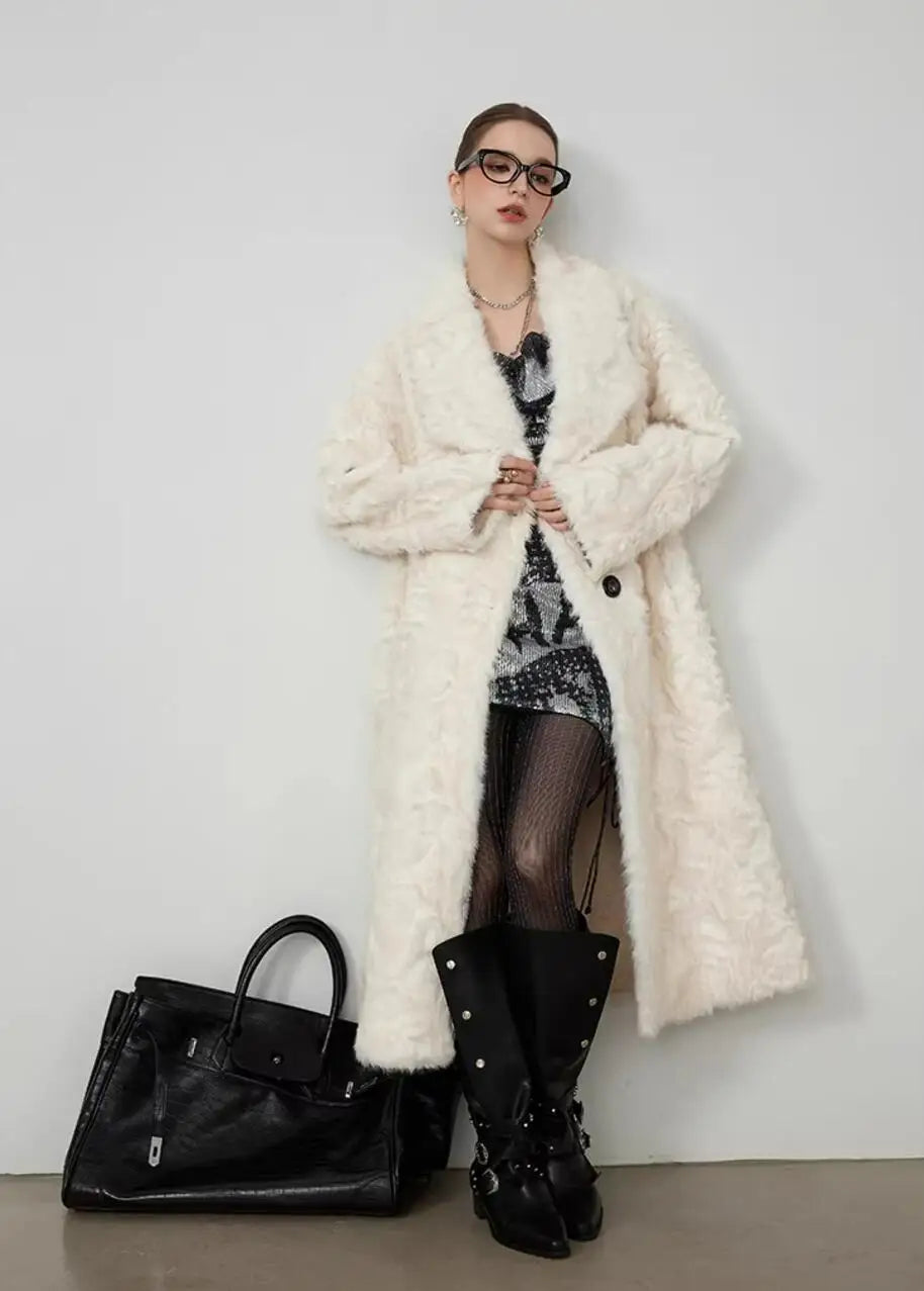 Large Lapel Shaggy Faux Fur Long Party Dress