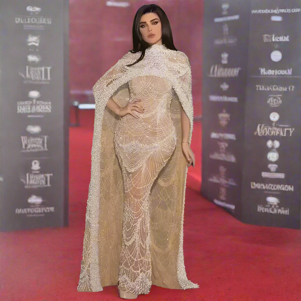 Pearl Mermaid Wedding Cape Evening Party Dress