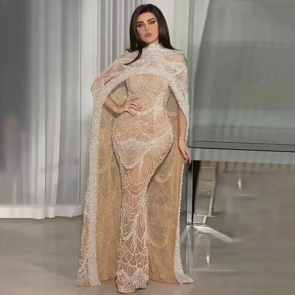 Pearl Mermaid Wedding Cape Evening Party Dress