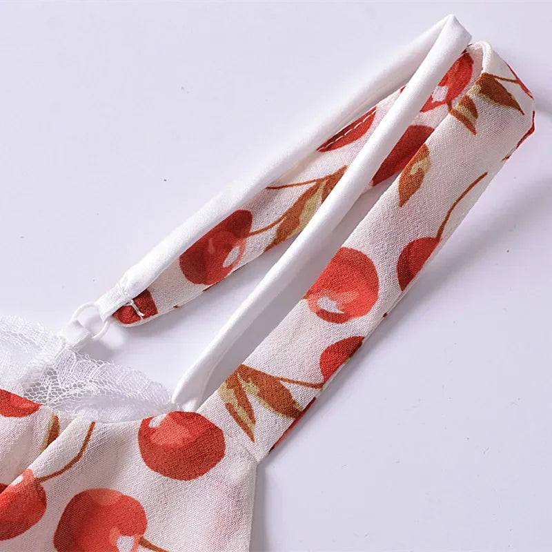 Cherry Print Ruffled Hem Trumpet Midi Dress
