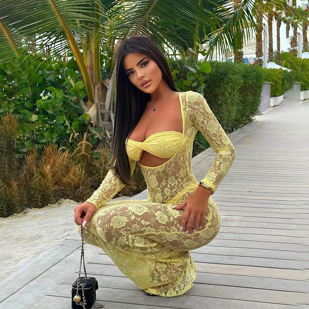 Lace Hollow Out Bodycon Perspective Maxi Dress