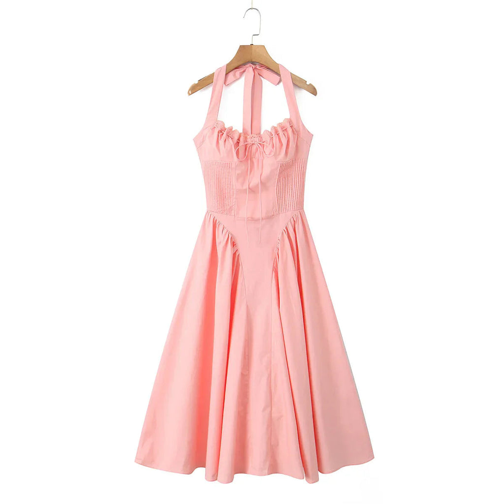 Corset Bow Halter Lace Spliced Midi Dress