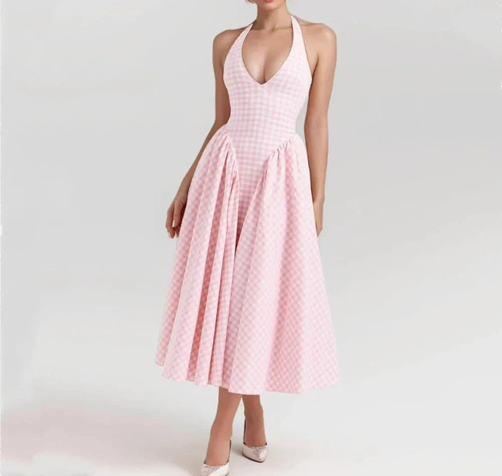 Pink White Plaid Bow Halter Midi Dress