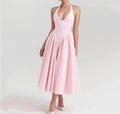 Pink White Plaid Bow Halter Midi Dress