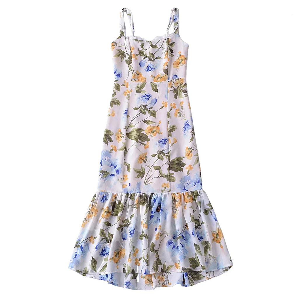 Cherry Print Ruffled Hem Trumpet Midi Dress