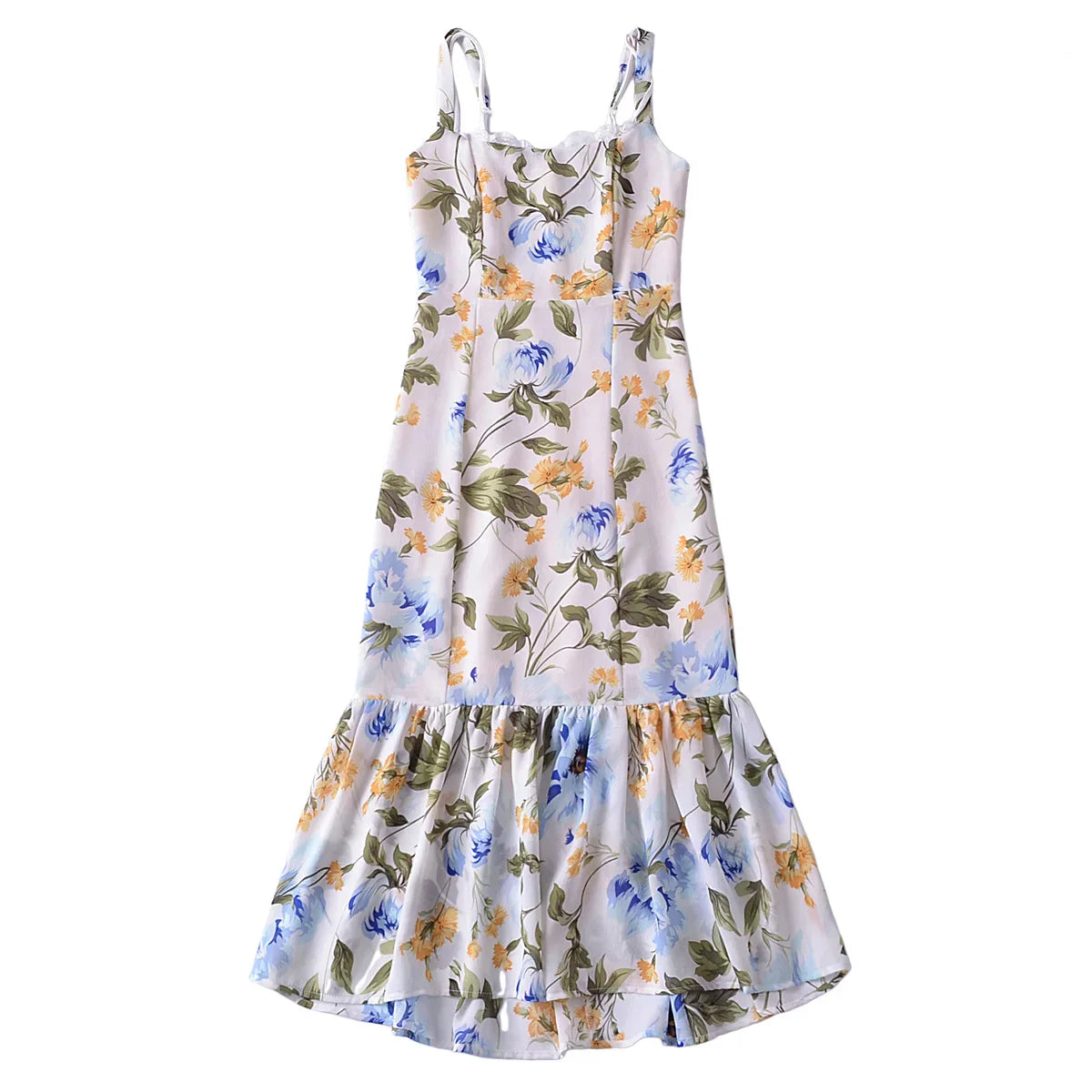 Cherry Print Ruffled Hem Trumpet Midi Dress