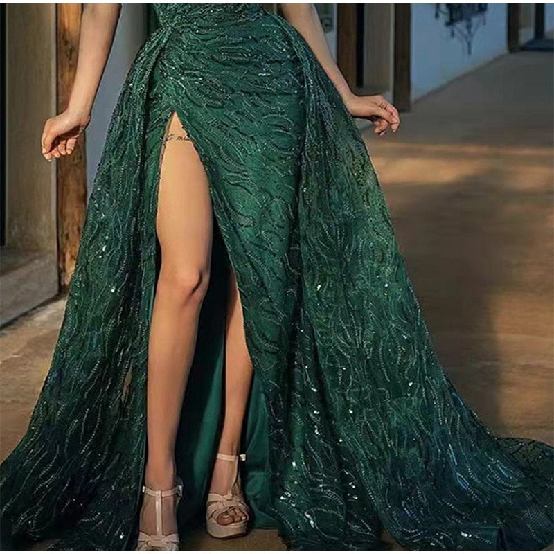 Sequin Off Shoulder High Split Maxi Dress