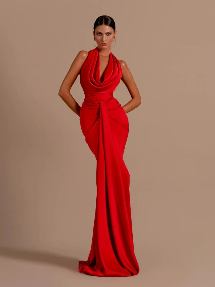 Swing Collar Backless Pleated Red Satin Maxi Dress