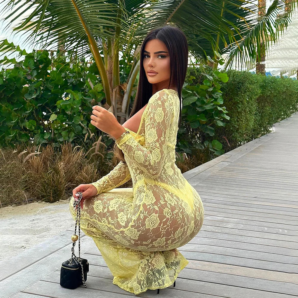 Lace Hollow Out Bodycon Perspective Maxi Dress