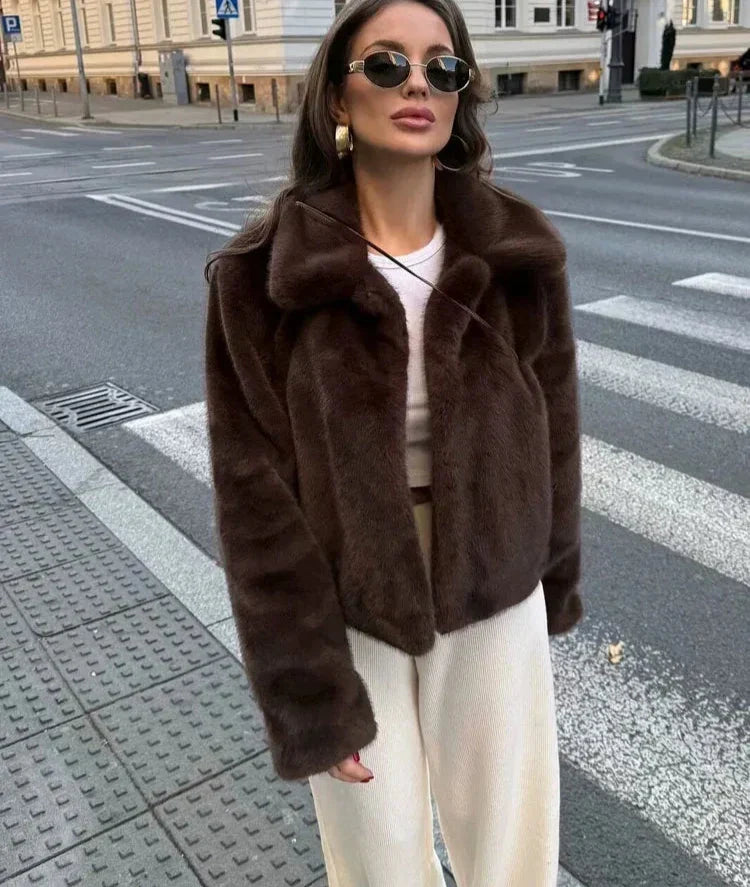 Lapel Side Pocket Faux Fur Jacket Party Dress