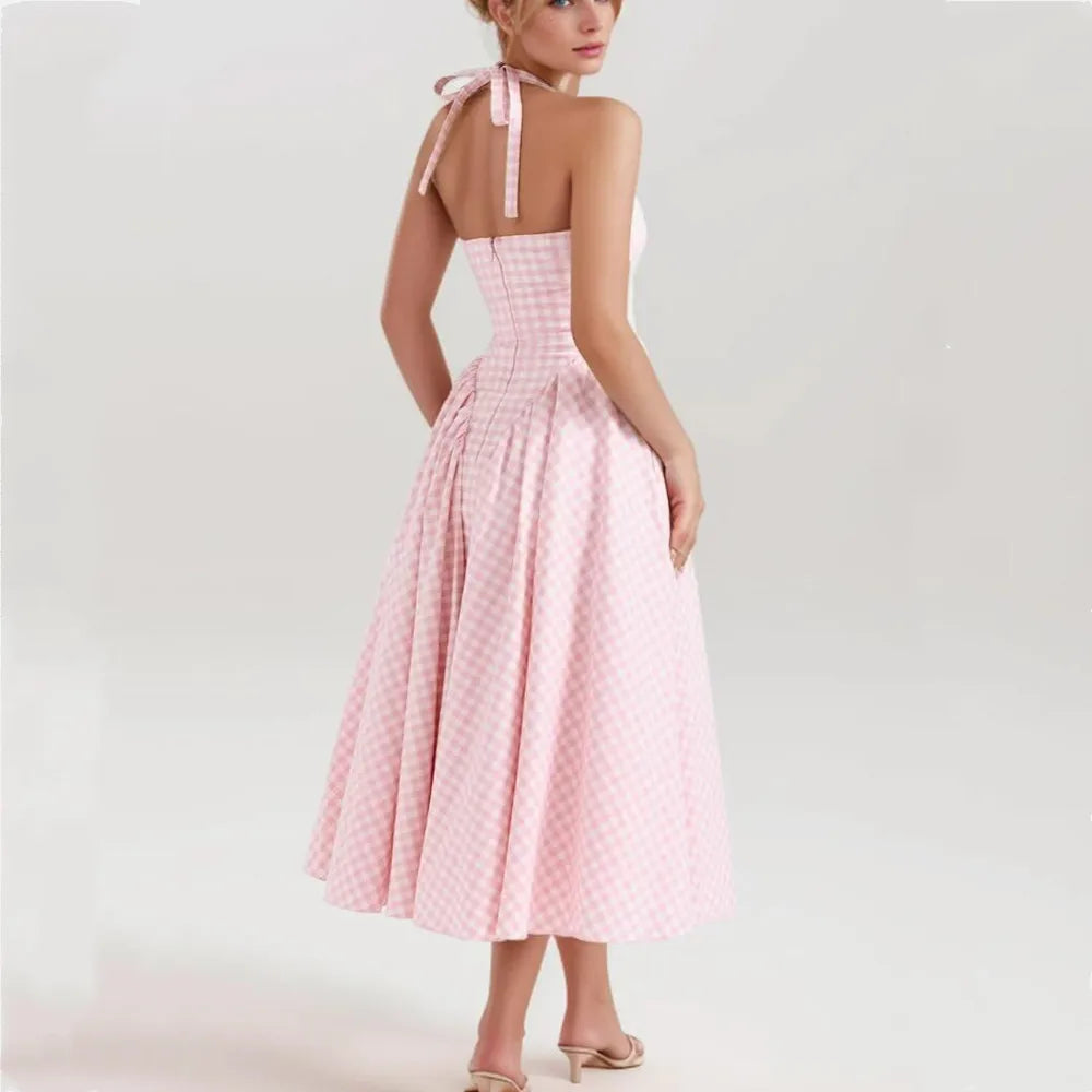 Pink White Plaid Bow Halter Midi Dress