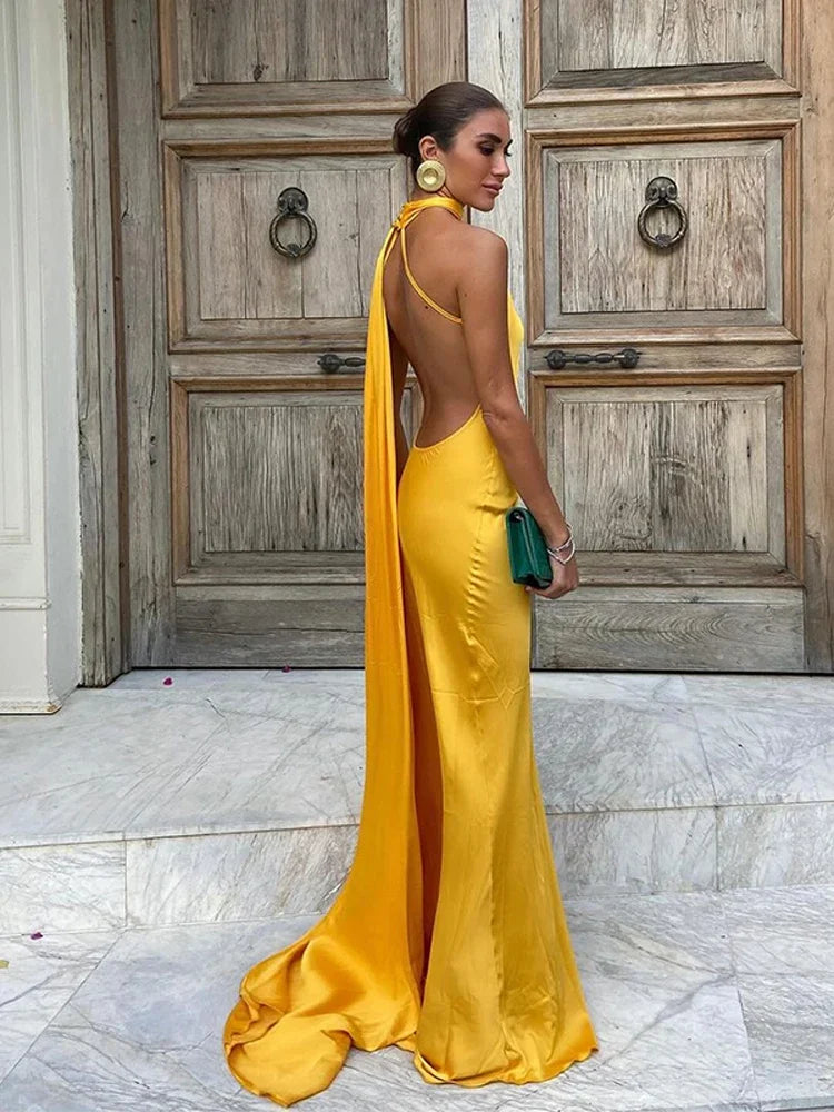Yellow Satin Backless Lace-Up Off Shoulder Maxi Dress