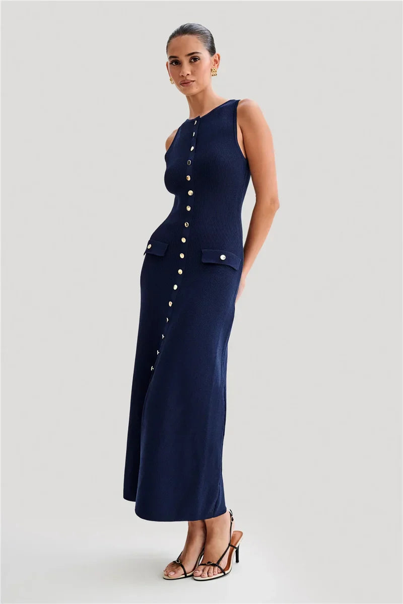 Knit Maxi Dress with Pockets Button Front