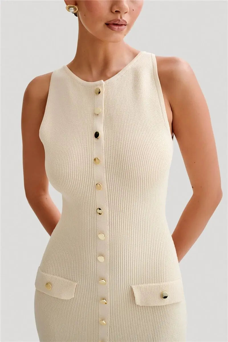 Knit Maxi Dress with Pockets Button Front